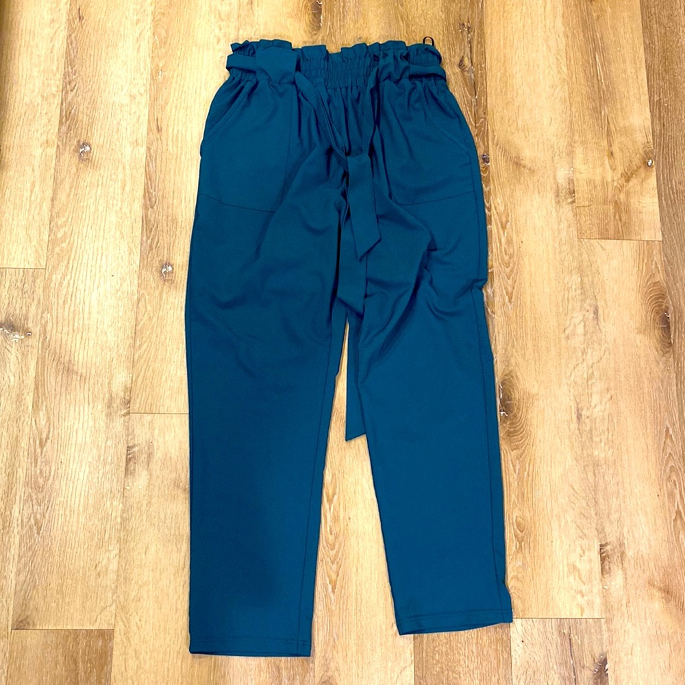 Grace Karin teal paper bag trousers